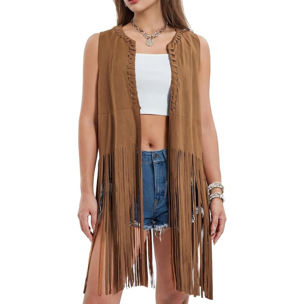 Women's Faux Suede Fringe Vest 70s Hippie Cowgirl Western Costume Top Large